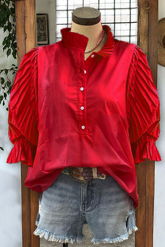 Woman's Cotton Pleated Sleeves Paneled Casual Blouse