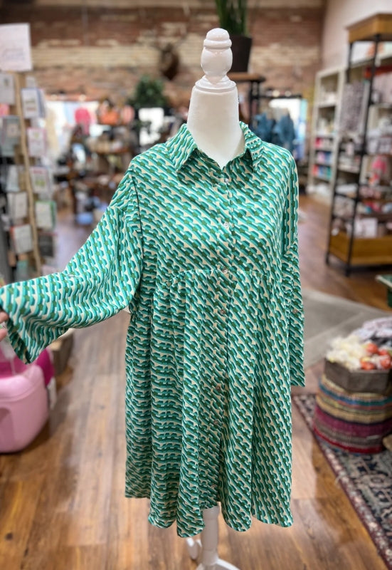 Green Geometric Mini Shirt Dress